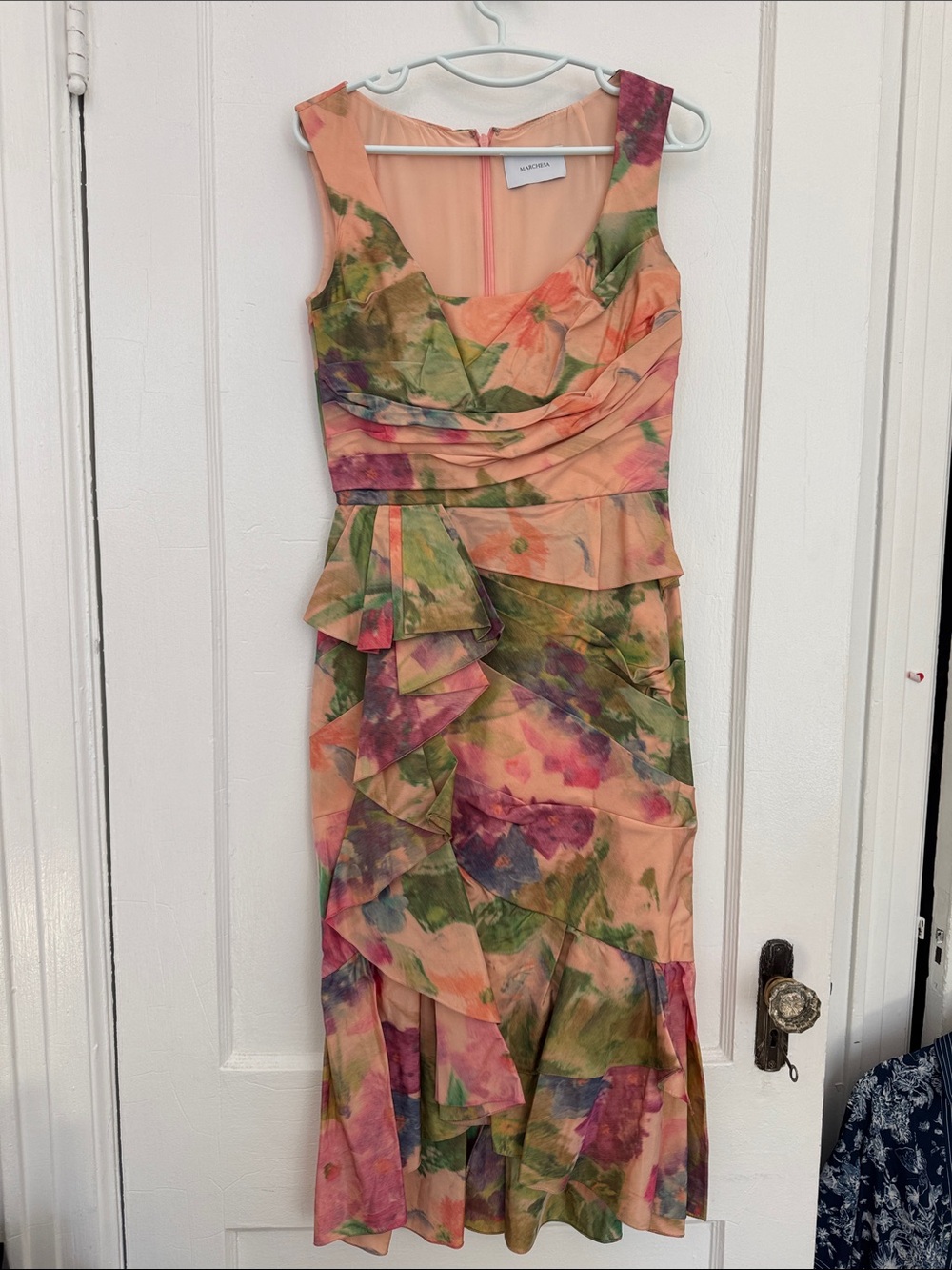 Marchesa Printed Tafetta Peplum Coral Cocktail Dress - Picture 5 of 5